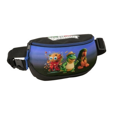 Bolsa tipo pochete preta com estampa colorida de personagens animados e texto BRAINROT