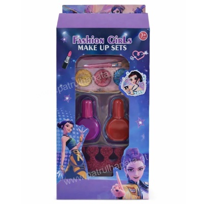 Conjunto de maquilhagem infantil Fashion Girls com batons glitter, vernizes e esponjas em embalagem azul e roxa.