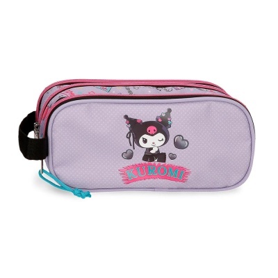 Estojo escolar lilás e rosa com personagem Kuromi e corações cinzentos.