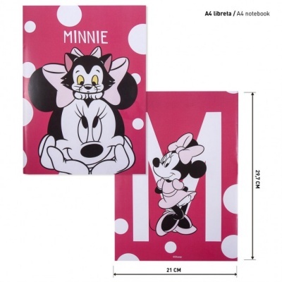 Capa de caderno A4 rosa com bolas brancas e personagens Disney