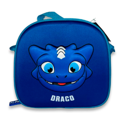 Mochila azul com rosto de dragão e texto DRAGO
