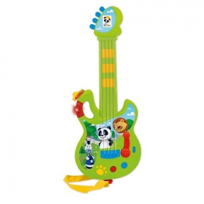 Guitarra infantil verde com desenhos de animais e botões coloridos
