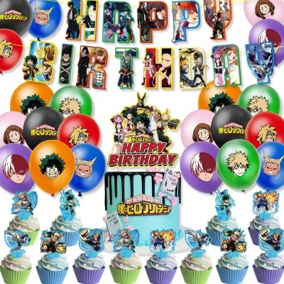 Decoração de festa My Hero Academia com balões, letras, toppers para cupcakes e bolo temático