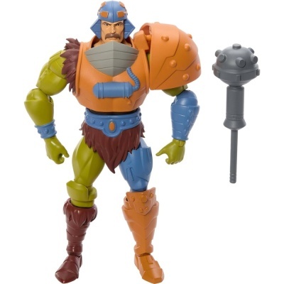 Figura de ação com armadura laranja e azul, pele verde, capacete azul e clava cinza