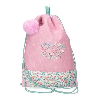 Mochila saco rosa com pompom e padrão floral