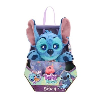 Mochila de peluche azul Stitch baby da Disney na embalagem colorida