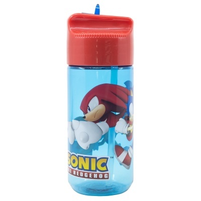 Garrafa azul e vermelha com personagens Sonic e Knuckles, texto SONIC THE HEDGEHOG