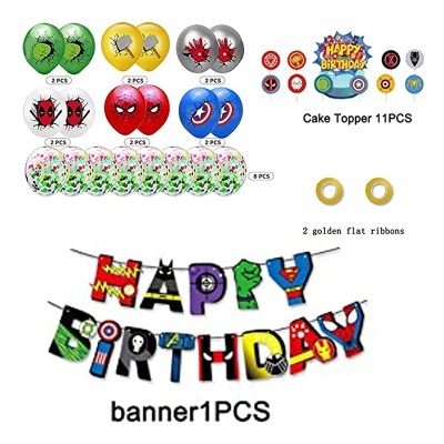 Conjunto de decoração de festa com balões, toppers para bolo, fita dourada e banner colorido