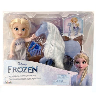 Conjunto de brinquedo Disney Frozen com boneca Elsa loira e cavalo azul na embalagem