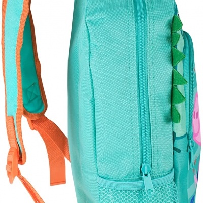 Mochila infantil azul turquesa com alças laranja e bolso lateral em rede