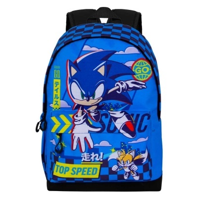 Mochila azul com estampa do Sonic e texto em inglês e japonês