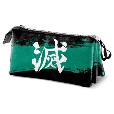 Estojo retangular verde e preto com símbolo branco e fecho de correr