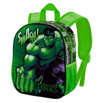 Mochila verde com imagem do Hulk e textos 'SMASH!' e 'HULK'