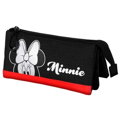 Estojo escolar preto e vermelho com imagem da Minnie e texto Minnie