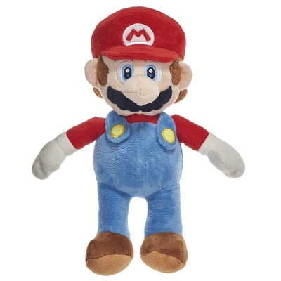 Peluche do personagem Mario com roupa azul e vermelha