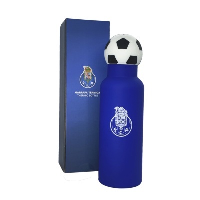 Garrafa térmica azul com tampa em forma de bola de futebol e embalagem azul com logótipo FC Porto