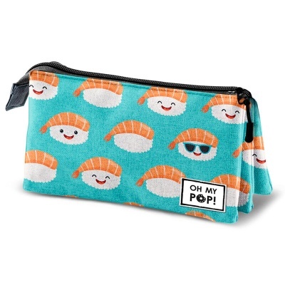 Estojo azul com padrão de sushi sorridente e fecho preto