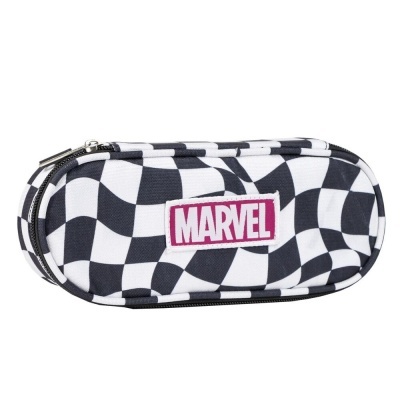 Estojo oval Marvel preto e branco com logótipo rosa