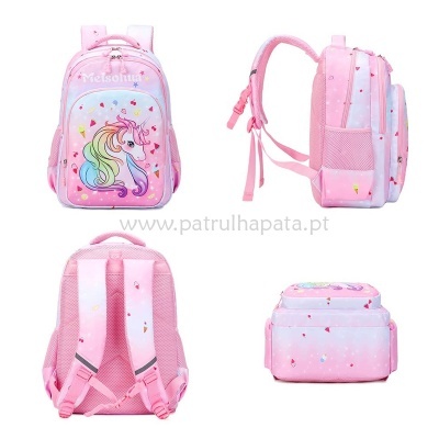 Mochila rosa com unicórnio colorido e texto Metsolu vista de quatro ângulos