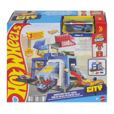 Brinquedo Hot Wheels City Downtown Police Tower na embalagem com carro de polícia azul