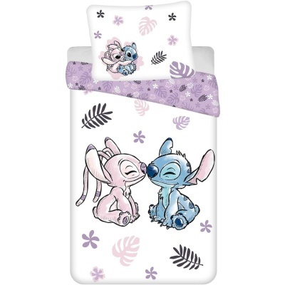 jogo de cama infantil com personagens Stitch e Angel em tons azul e rosa