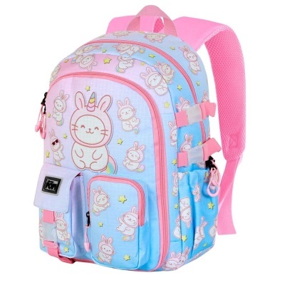 Mochila azul e rosa com padrão de coelhinhos unicórnios e estrelas amarelas