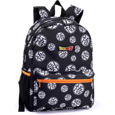 Mochila preta com padrão circular branco e etiquetas DRAGON BALL Z