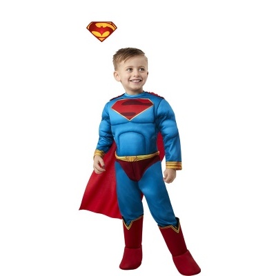 Fato infantil azul e vermelho do Superman com capa e símbolo no peito