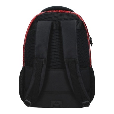 Mochila preta com alças acolchoadas e detalhes vermelhos na borda