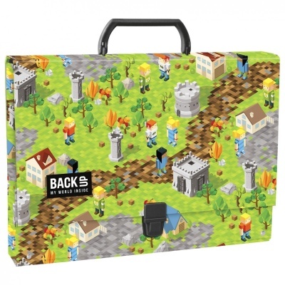 Mala infantil colorida com padrão pixelizado e alça preta