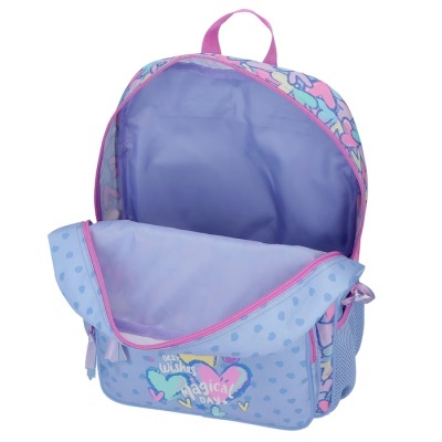 Mochila azul clara com corações coloridos e texto best wishes magical day