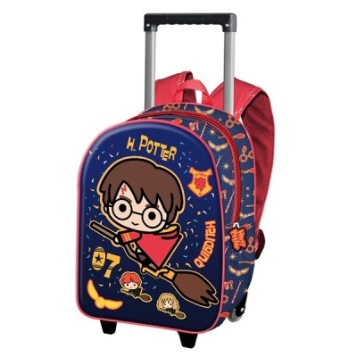 Mochila de carrinho infantil Harry Potter azul escuro e vermelho com personagem cartoon.