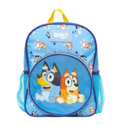 Mochila azul para crianças com personagens animados e bolso frontal redondo