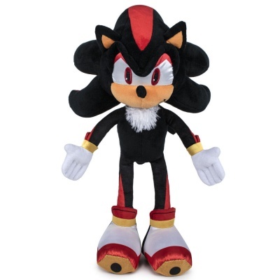 Pelúcia do personagem Shadow the Hedgehog com cores preto, vermelho e branco