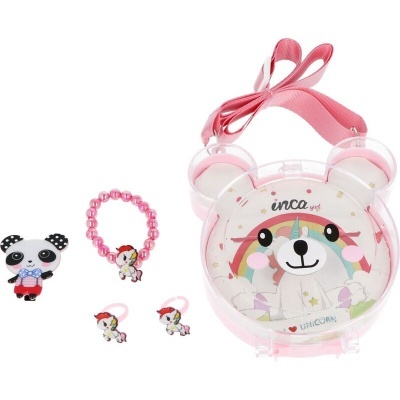 Mochila em forma de cabeça de urso transparente com laço rosa e acessórios infantis unicórnio e panda