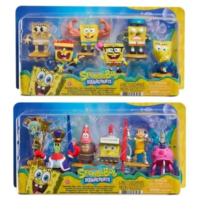 Dois conjuntos de figuras colecionáveis SpongeBob SquarePants em embalagens blister coloridas