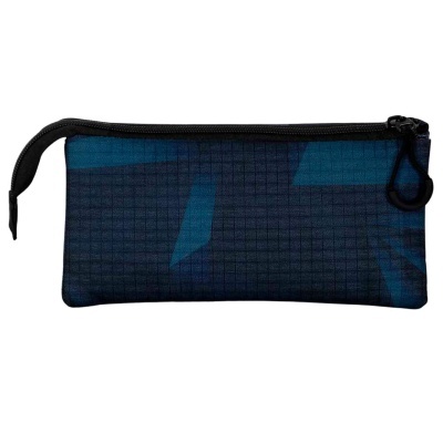 Estojo azul escuro com padrão de quadrícula e fecho de correr preto