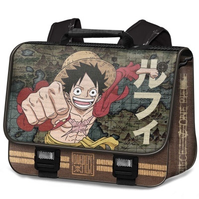 Mochila escolar castanha com imagem de personagem de anime e texto japonês