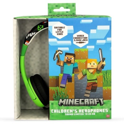 Headphones verdes e pretos com tema Minecraft em embalagem azul com personagens do jogo