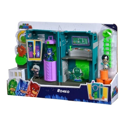 Brinquedo PJ Masks ROMEO com figurinos e acessórios em caixa colorida