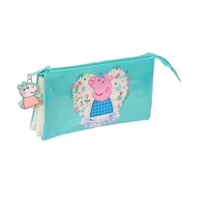 Estojo azul turquesa com Peppa Pig e chaveiro de personagem