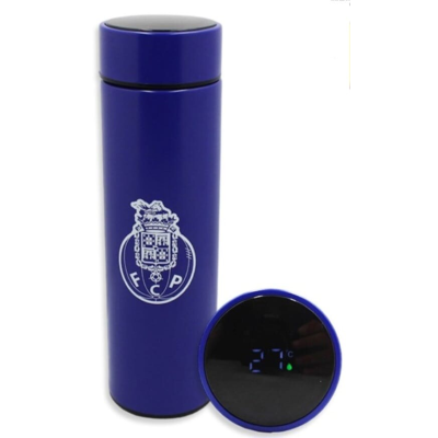 Garrafa térmica azul com tampo digital a mostrar temperatura