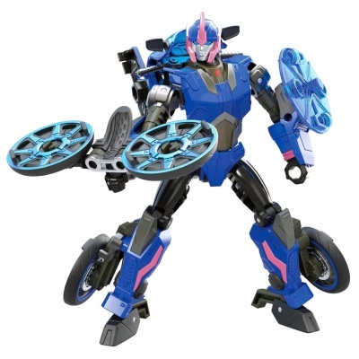 Action figure de robô transformer azul com rodas e discos azuis translúcidos