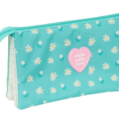 Estojo escolar azul turquesa com flores e pendente de personagem