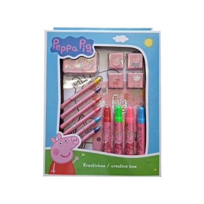 Conjunto criativo Peppa Pig com marcadores, borrachas e carimbos embalado em caixa azul