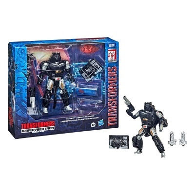Figura de ação Transformers War for Cybertron preto com acessórios em embalagem azul