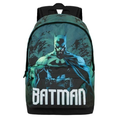Mochila preta e azul com estampa do Batman e texto BATMAN
