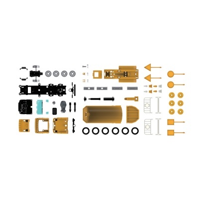 Peças de montagem em preto e dourado sobre fundo branco