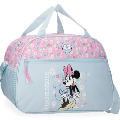 Mala infantil azul e rosa com estampa da Minnie Mouse e padrão floral
