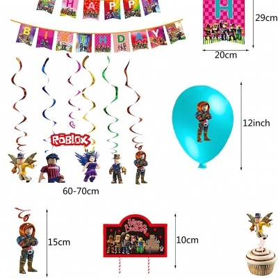 Conjunto de decoração temática de aniversário Roblox com bandeiras, flâmulas, balão, topper para bolo e miniaturas para cupcakes.
